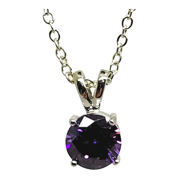 Rhodium Plated Silver 2ct Round Amethyst Solitaire Pendant 16-18" Rolo Chain - Picture 3 of 6